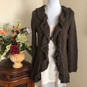 Venue Ruffle Front Ribbon Knit Cardigan Sweater